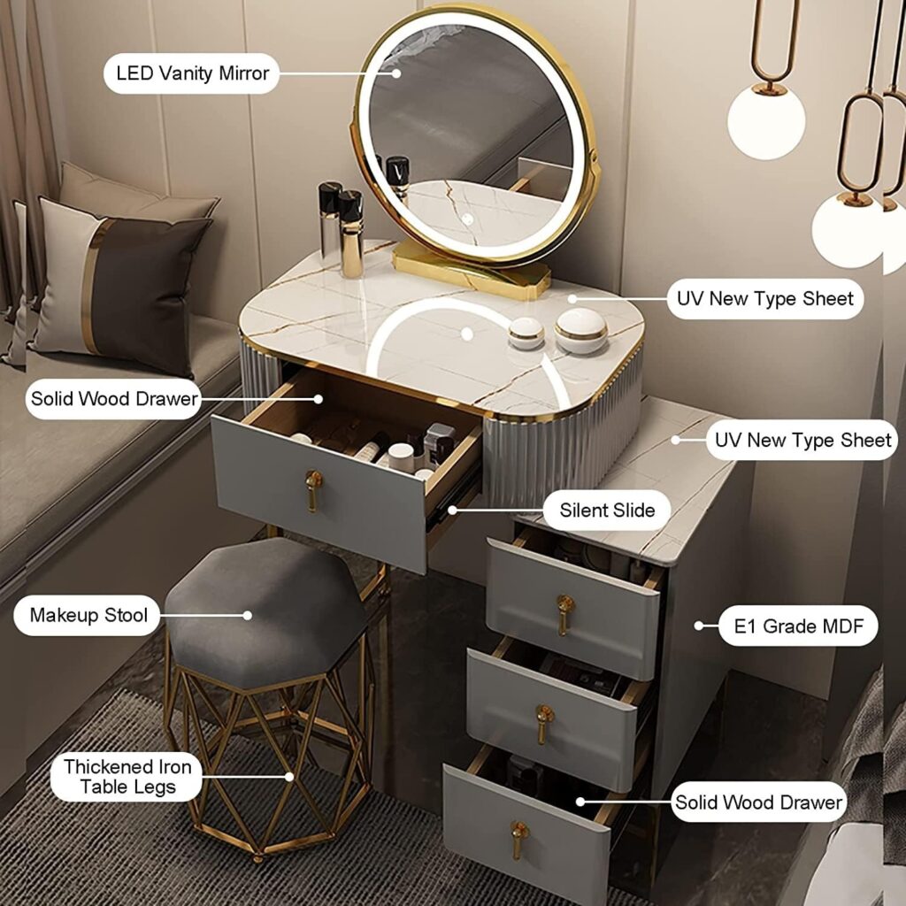 luxurious vanity table set with led illuminated mirror & storage cabinet – modern makeup dressing table for bedroom