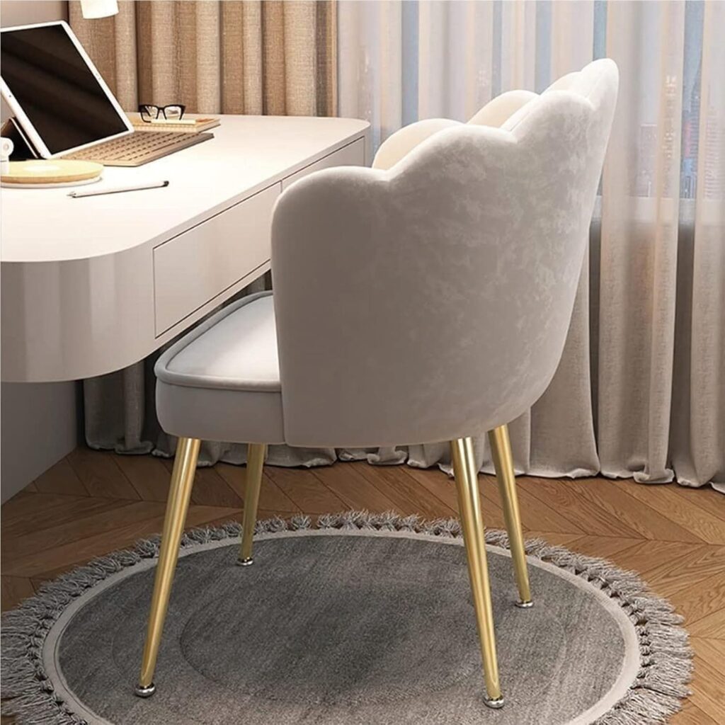 elegant velvet shell chair – soft beige makeup chair with gold legs for bedroom, dressing table & home office